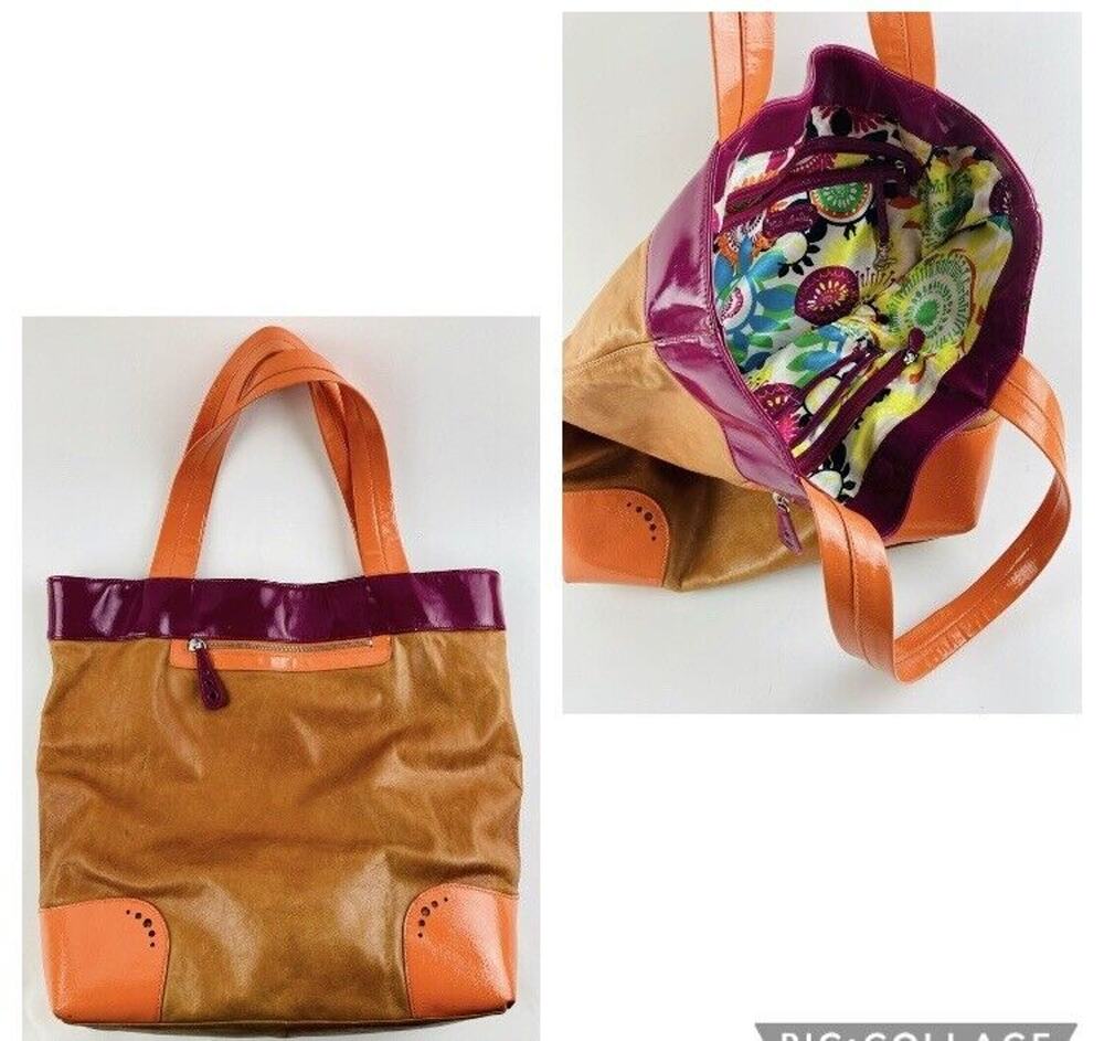 Kate Landry Large Shoulder Bag Purse Orange Pink Floral Lining Beautiful Hobo Br